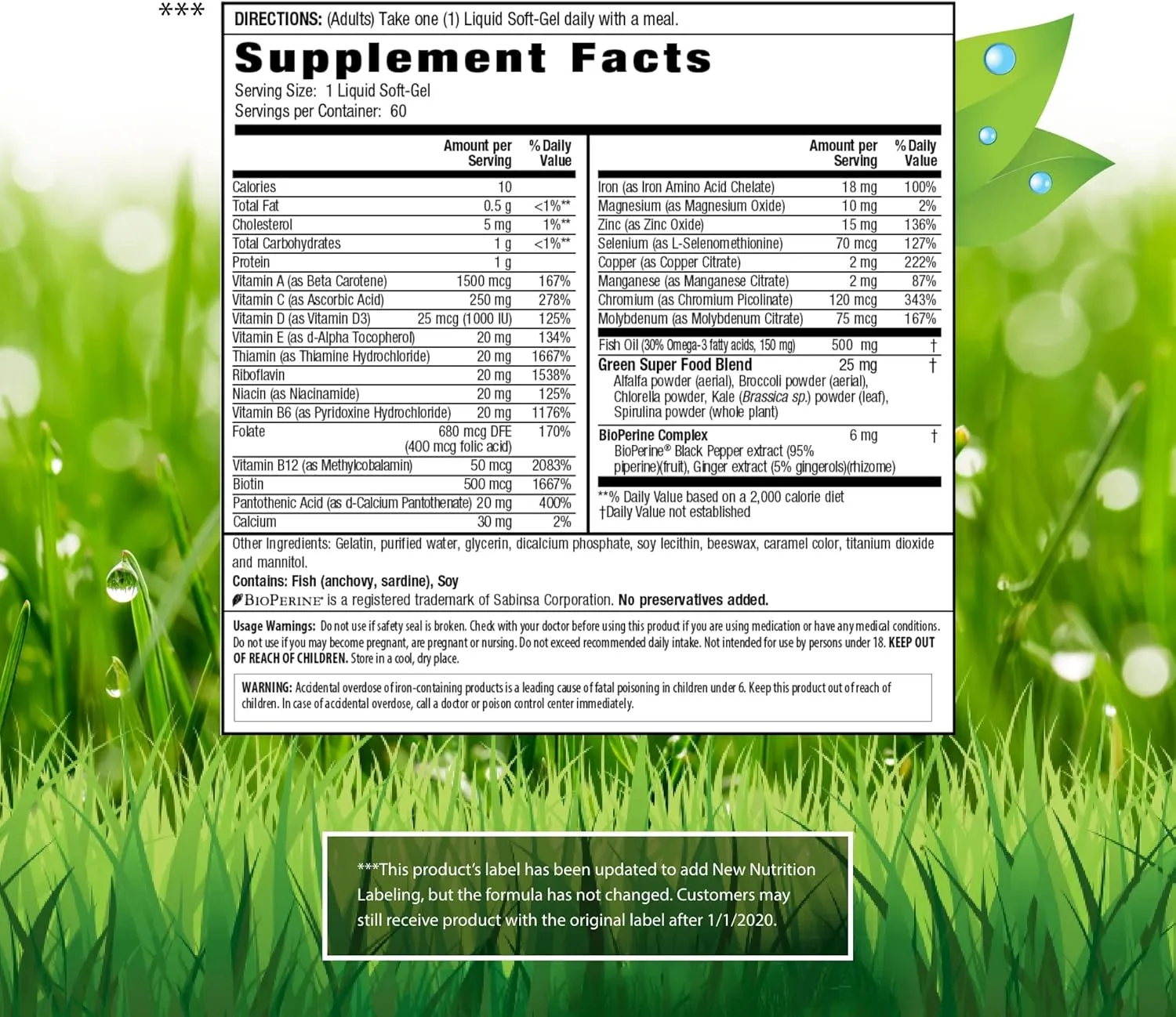 Irwin Naturals Only One Liquid-Gel Multi with Iron - 60 Liquid Softgels - Daily Essential Vitamins, Minerals, Antioxidants, Omega-3s & Green Super Foods