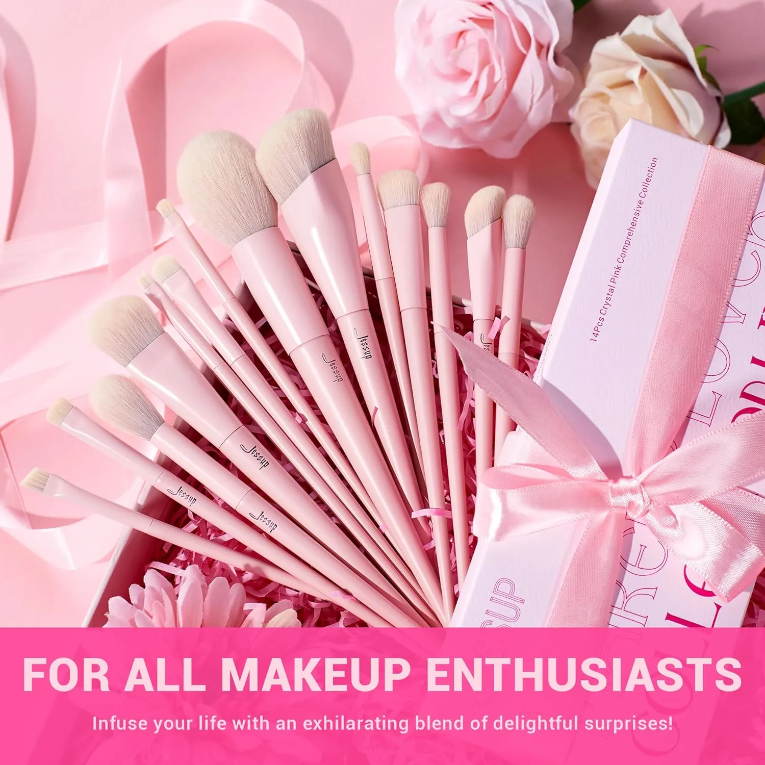 Jessup Pink Makeup Brushes Set 14Pcs Make up Brushes Premium Vegan Foundation Concealer Blush Eyeshadow Eyeliner Powder Highlighter Blending Face Brush Set, T495