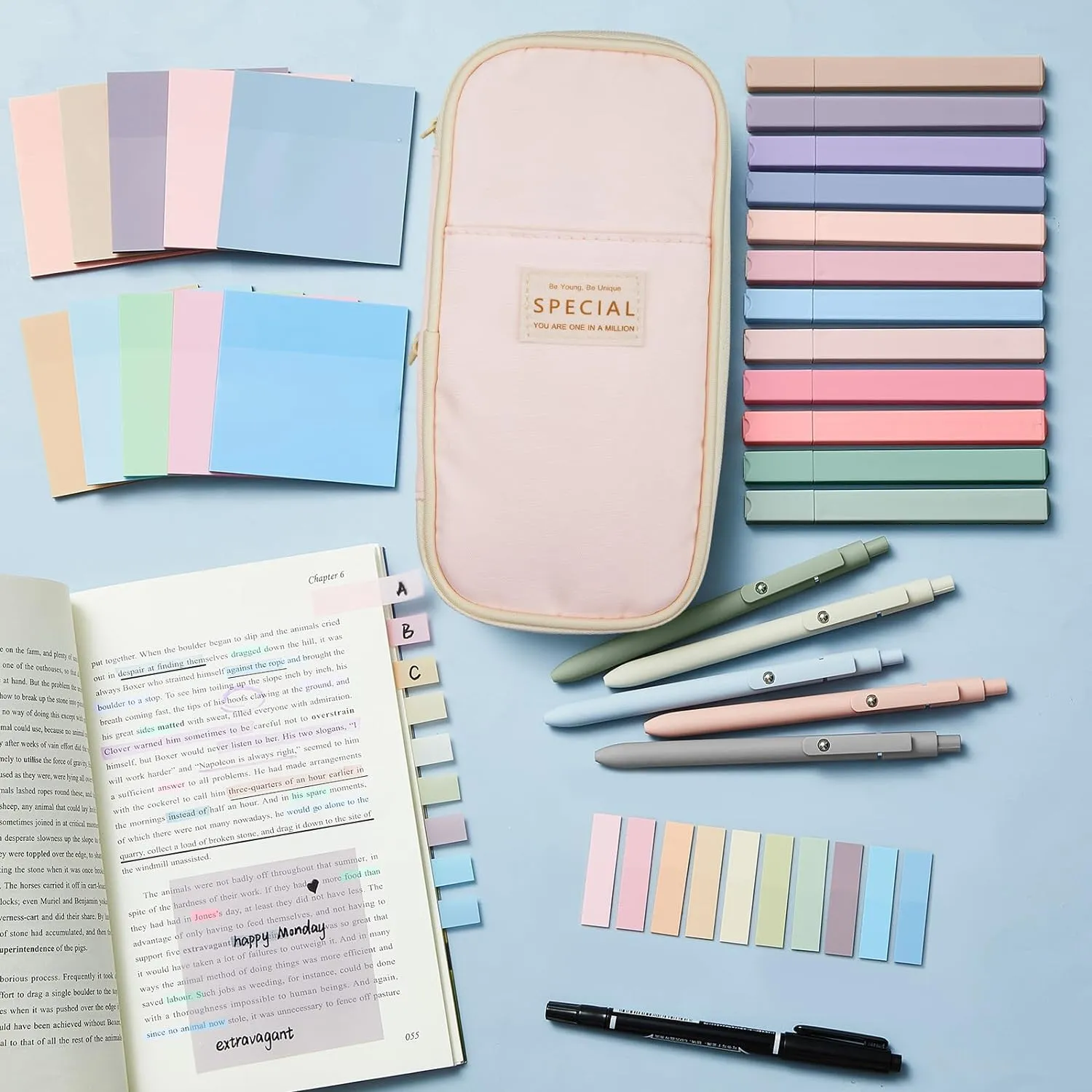 Jutom 39 Pcs Aesthetic Book Annotation Kit Pencil Case Bag with Highlighter Gel Pen 700 Sheets Transparent Sticky Notes Pads Index Tab Bible Study Supplies for School(Pink,Cute Style)