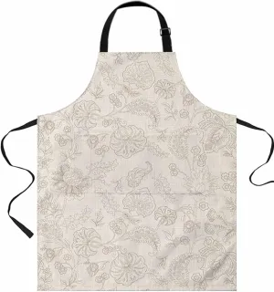 Khaki Retro Floral Waterproof Apron With Pockets, Fall Autumn Flower Leaves Botanical Kitchen Chefs Bib Cooking BBQ Grill Bake Adjustable Aprons for Women/Kids Home Garden Grooming Painting Gardening