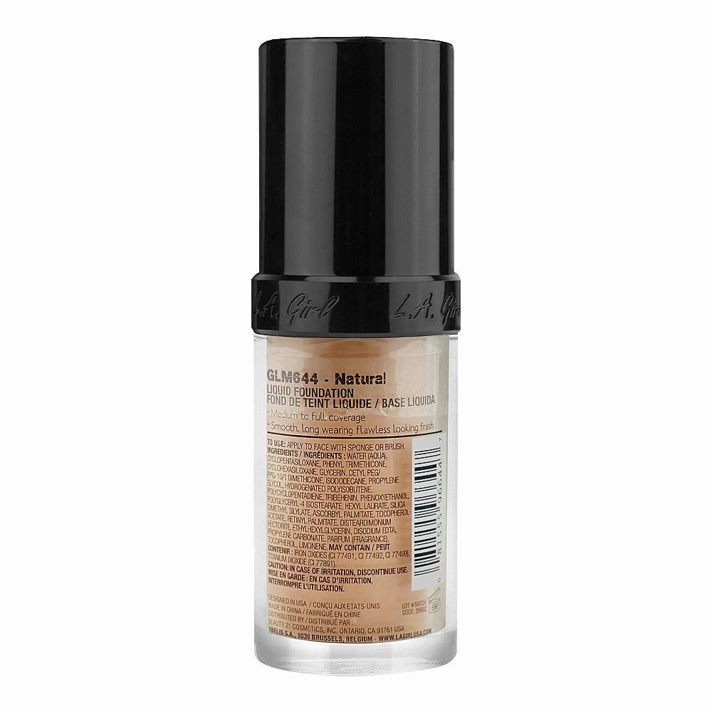 L.A. Girl Pro Coverage HD Long Wear Illuminating Liquid Foundation, 28ml,  GLM644 Natural