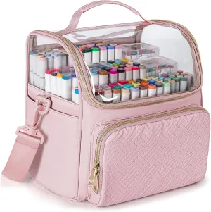Large Marker Organizer Case for 180 Markers, Marker Storage Bag with Dividers and 4 Pockets for Paint Markers, Paint Brushes, Colored Pencils or Other Art Supplies, Pink (Patented Design)