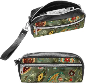 Leather Pencil Cases Green And Mustard Yellow Pen Pouch Travel Cosmetic Bag for Purse Portable Makeup Brush Bag Holder Coin Purse for Women Makeup Case Purse Organizer