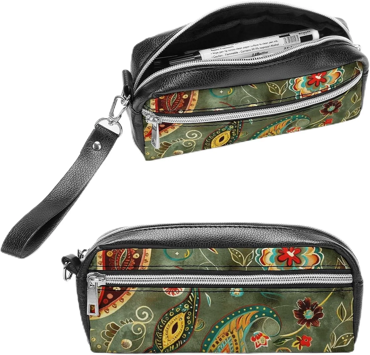 Leather Pencil Cases Green And Mustard Yellow Pen Pouch Travel Cosmetic Bag for Purse Portable Makeup Brush Bag Holder Coin Purse for Women Makeup Case Purse Organizer