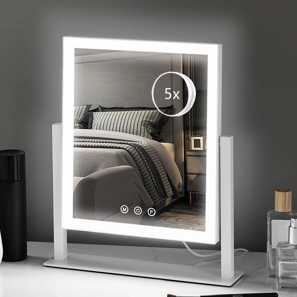 Lighted Makeup Mirror, Hollywood Vanity Mirror with Lights, Three Color Lighting Modes, and 5X Magnification Mirror, Smart Touch Control, 360°Rotation (17.3In,White,Gift Box)