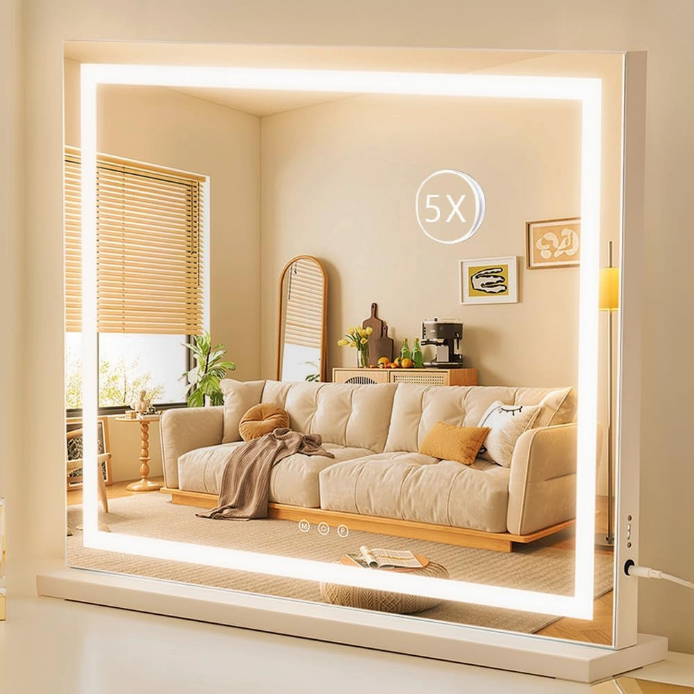 Lighted Makeup Mirror, Hollywood Vanity Mirror with Lights, Three Color Lighting Modes, and 5X Magnification Mirror, Smart Touch Control, 360°Rotation (17.3In,White,Gift Box)