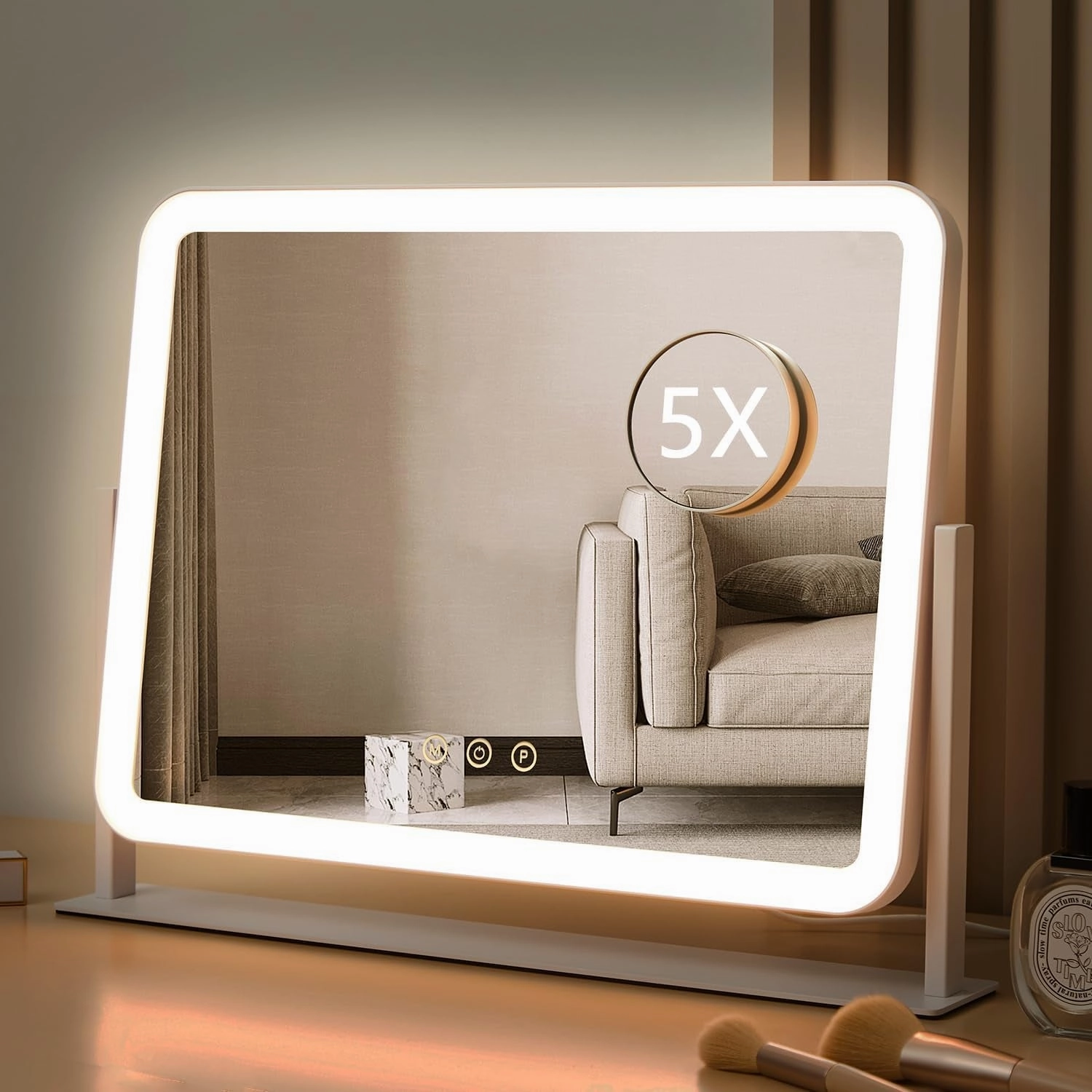 Lighted Makeup Mirror, Hollywood Vanity Mirror with Lights, Three Color Lighting Modes, and 5X Magnification Mirror, Smart Touch Control, 360°Rotation (17.3In,White,Gift Box)
