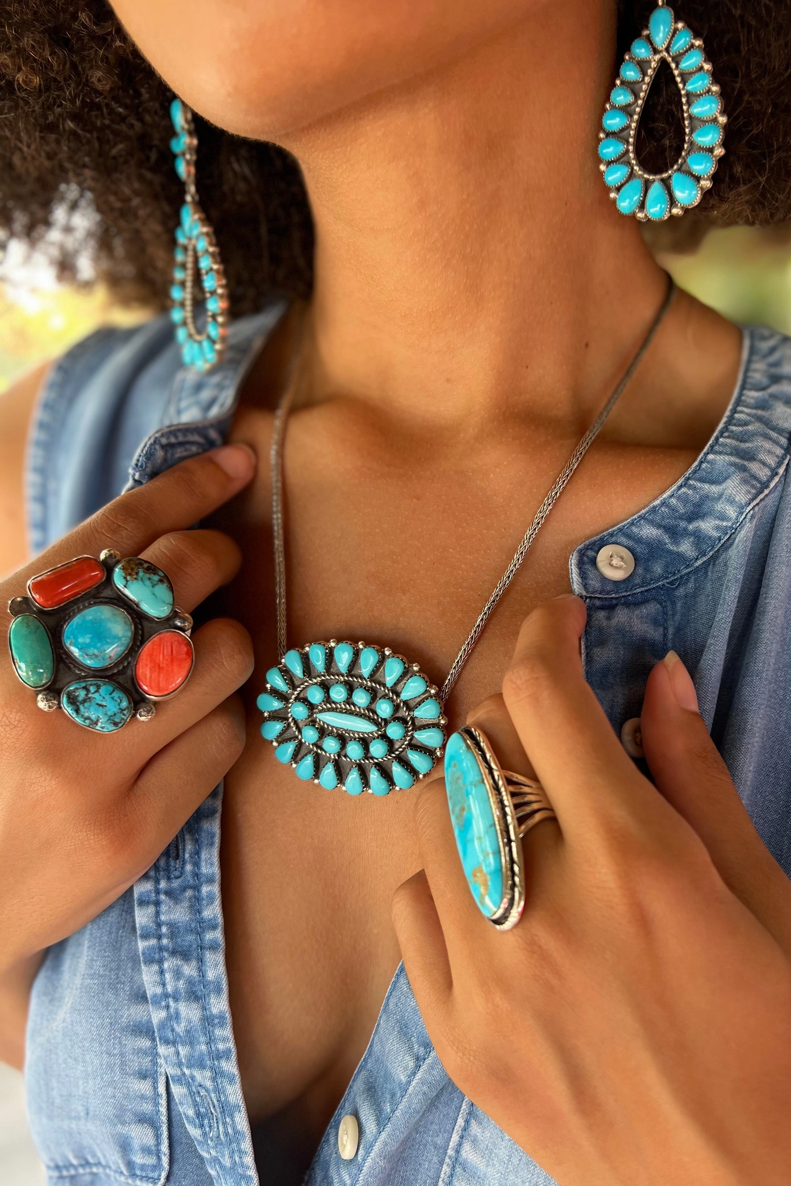 Long Oval Navajo Blue Ridge Turquoise Ring (Size 9 1/4)