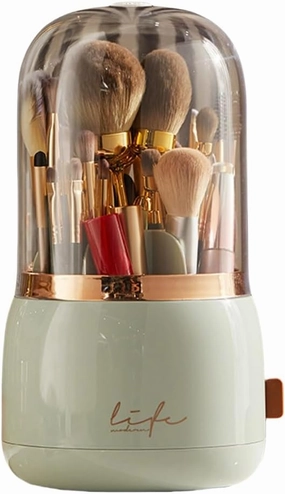 Luxury Makeup Brush Organizer Barrel Dustproof Lipstick Eyeliner Cosmetic Storage Rotating Brush Holder Elegant Makeup Brush Storage Box (Aqua Green)