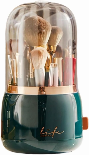 Luxury Makeup Brush Organizer Barrel Dustproof Lipstick Eyeliner Cosmetic Storage Rotating Brush Holder Elegant Makeup Brush Storage Box (Dark Green)
