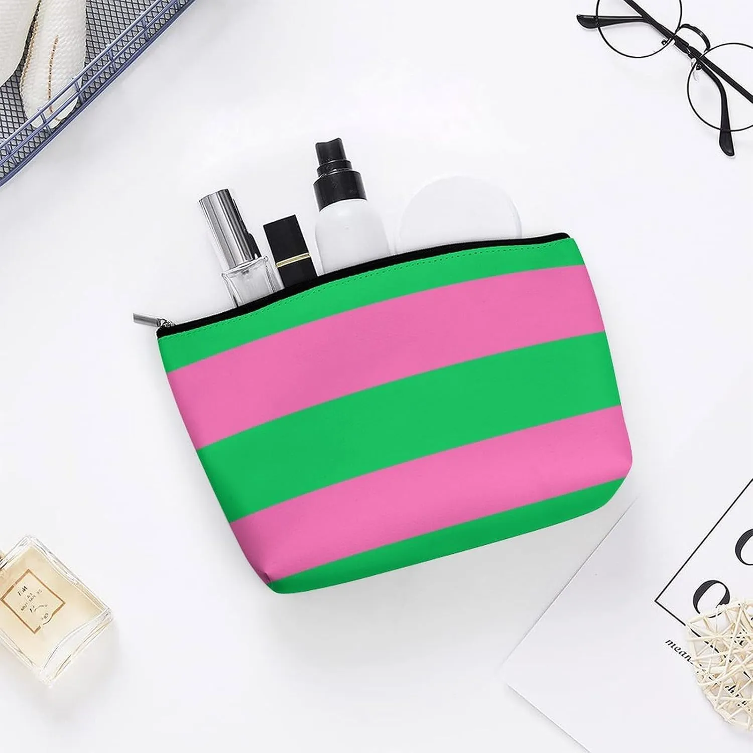 Makeup Bag for Women, Adorable Roomy Zipper Pouch Portable Organizer Cosmetic Bag Travel Storage Accessories (Green Hot Pink Bold Stripe)