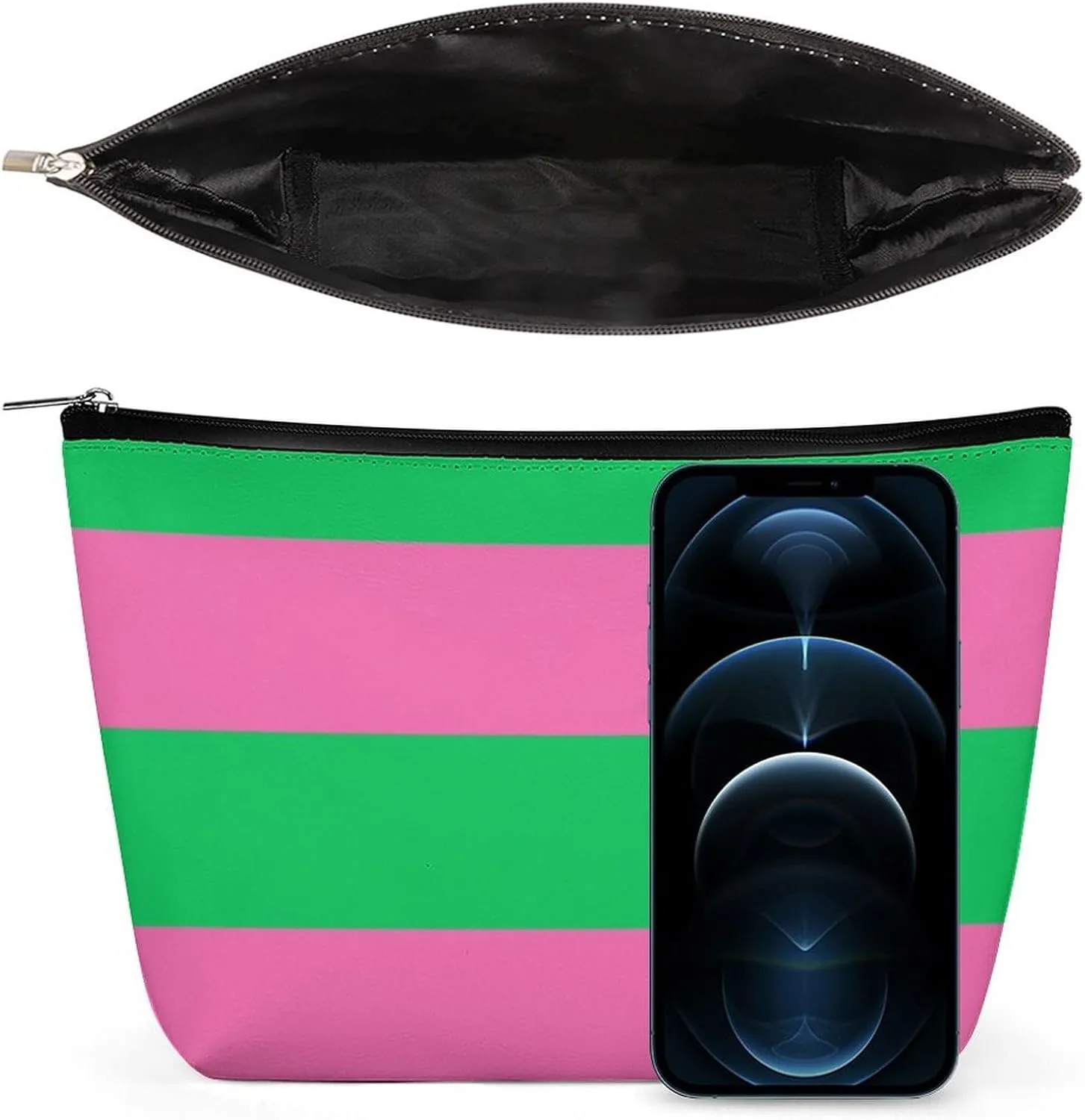 Makeup Bag for Women, Adorable Roomy Zipper Pouch Portable Organizer Cosmetic Bag Travel Storage Accessories (Green Hot Pink Bold Stripe)