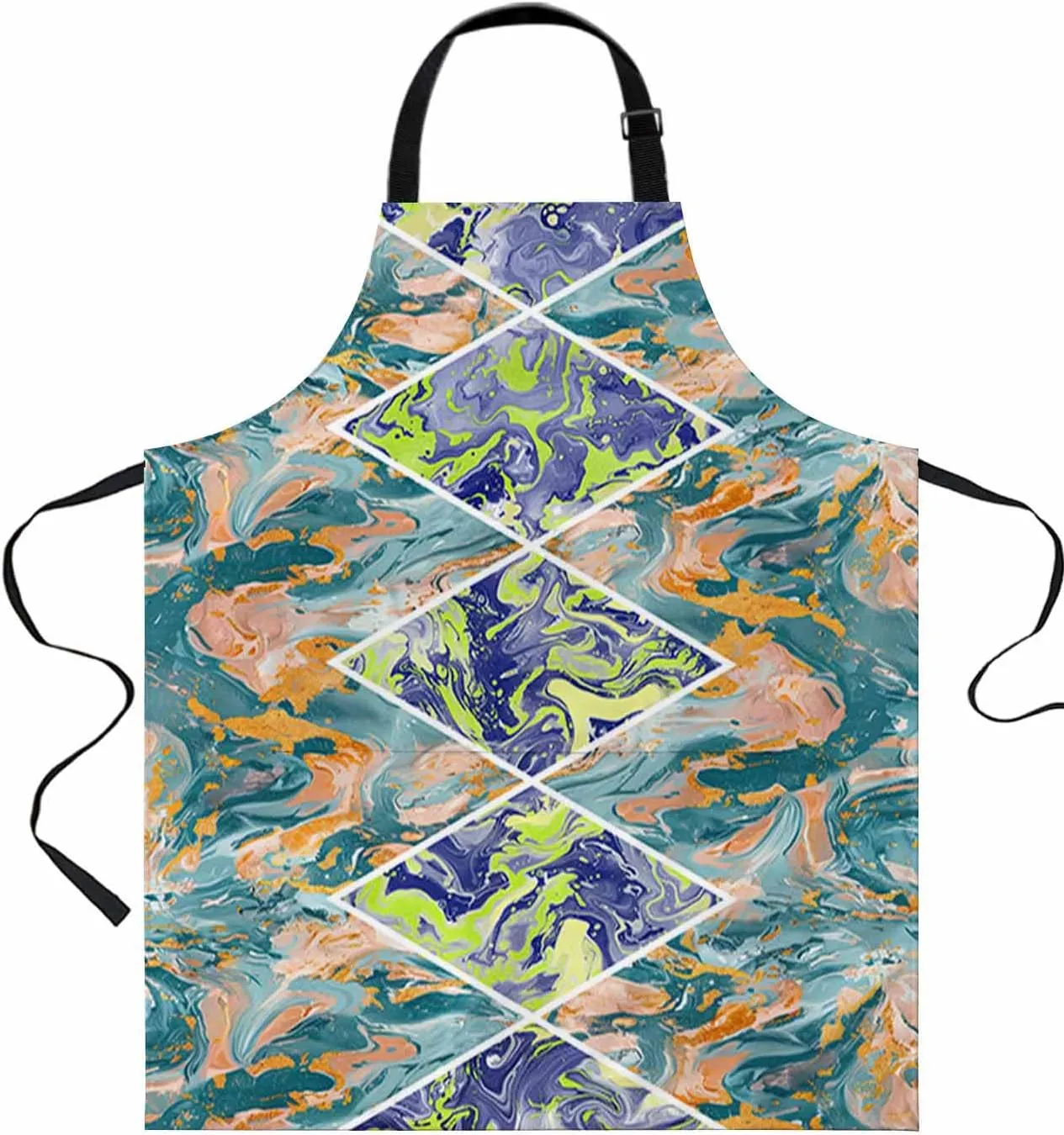 Marble Navy Blue Waterproof Apron With Pockets,Abstract Dusy Blue Orange Aesthetics Green Kitchen Chefs Bib Cooking BBQ Grill Bake Adjustable Aprons for Women Home Garden Grooming Painting Gardening