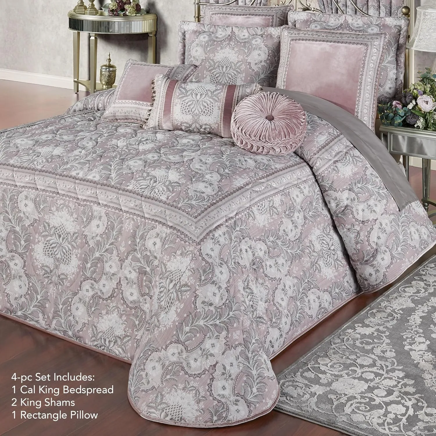 Marseille Jacquard Woven Acanthus Leaf Oversized Luxury Bedding | Rose Gray Ivory Orchid Lilac | 4 Piece Bedspread Set: California Cal King Bedspread, 2 King Shams, and Rectangle Pillow | Polyester