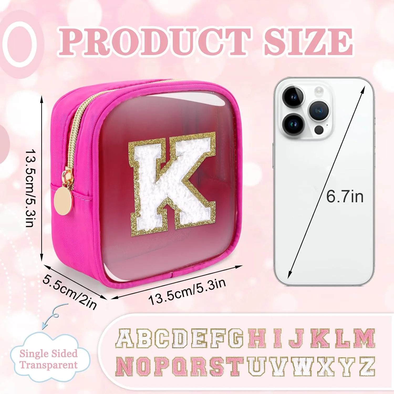 Mini Clear Personalized Initial Makeup Bag,Nylon Preppy A-Z Chenille Letter Patch Zipper Cosmetic Bag, Small Cute Beach Pouch Travel Purse Sanitary Napkin Storage Bag for Women Girls(Hot Pink-White K)