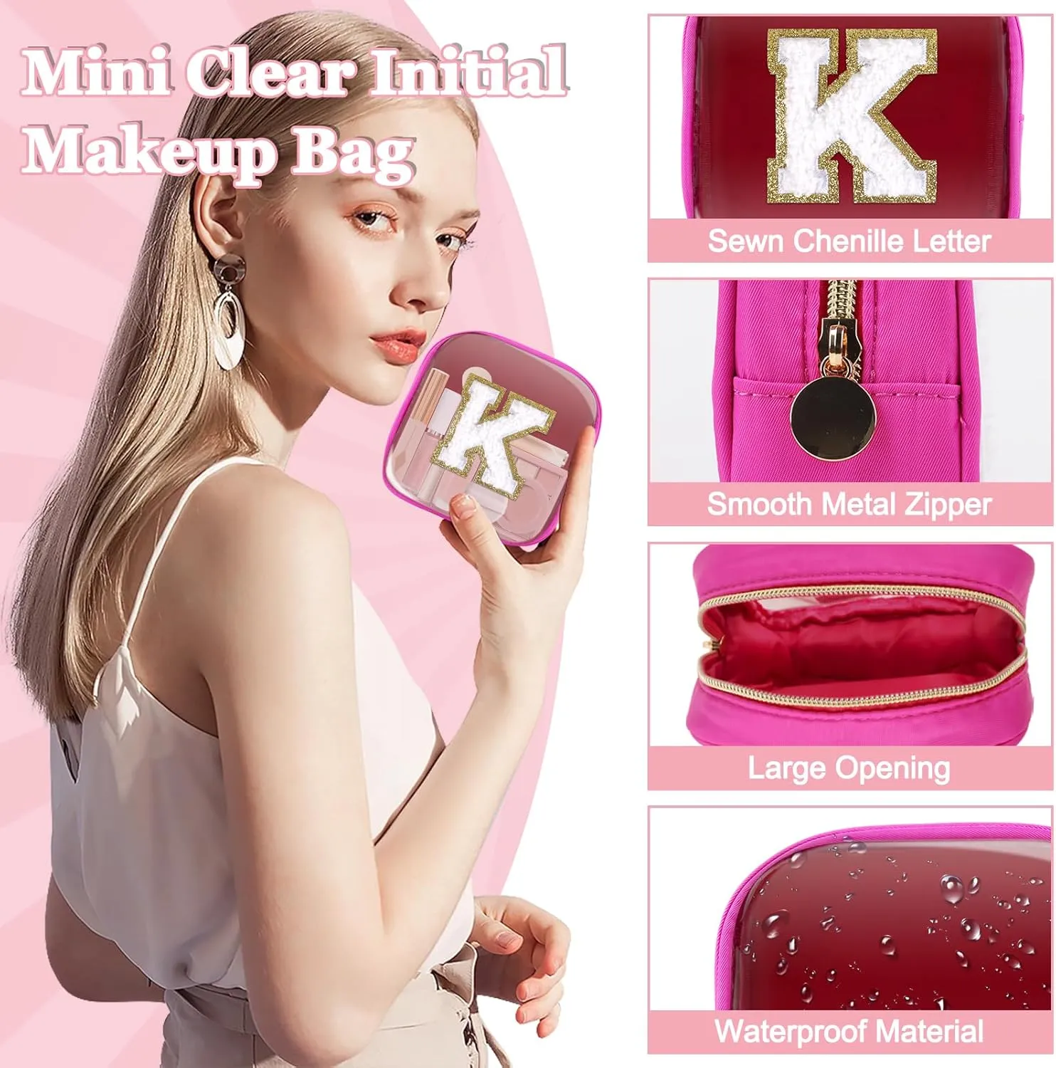 Mini Clear Personalized Initial Makeup Bag,Nylon Preppy A-Z Chenille Letter Patch Zipper Cosmetic Bag, Small Cute Beach Pouch Travel Purse Sanitary Napkin Storage Bag for Women Girls(Hot Pink-White K)