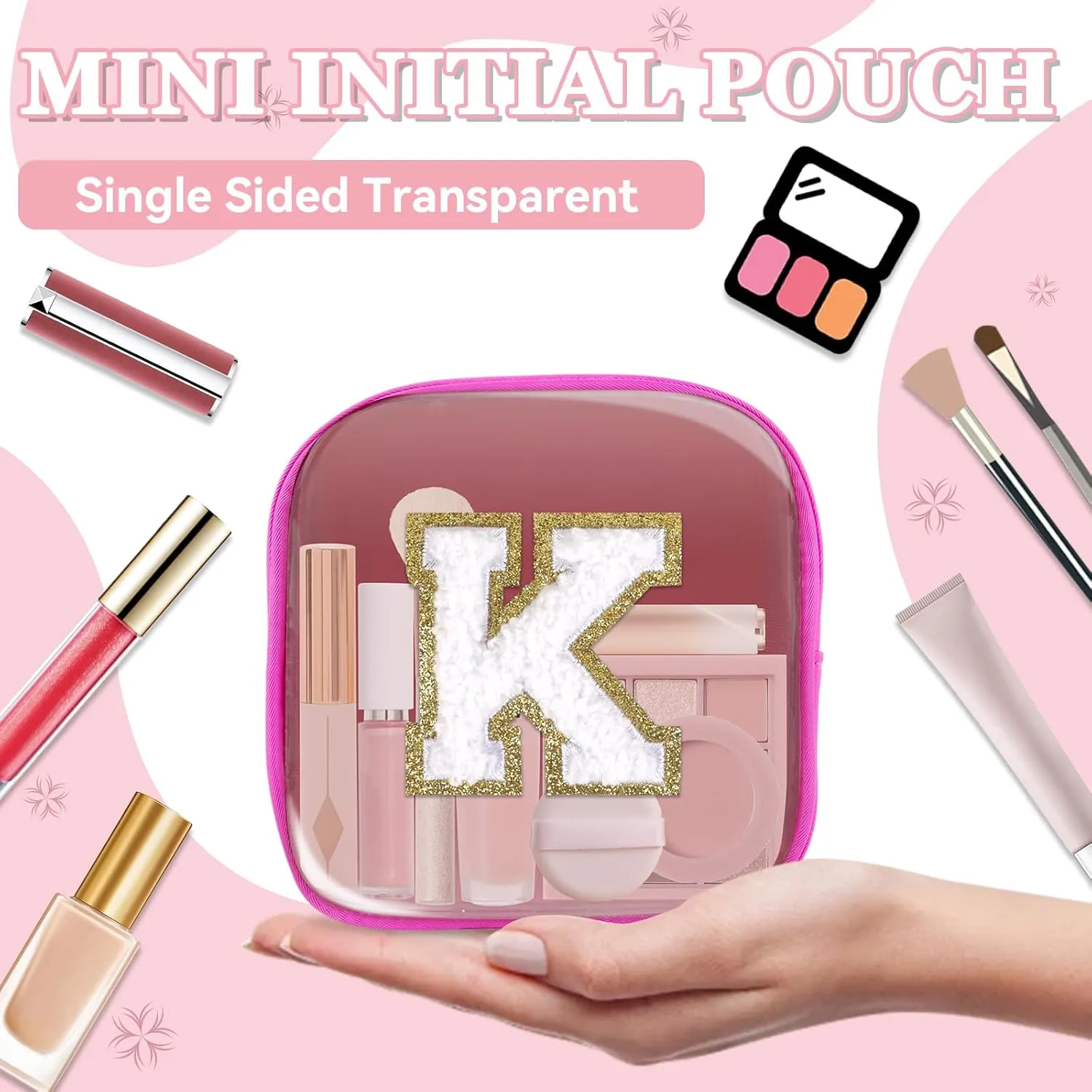 Mini Clear Personalized Initial Makeup Bag,Nylon Preppy A-Z Chenille Letter Patch Zipper Cosmetic Bag, Small Cute Beach Pouch Travel Purse Sanitary Napkin Storage Bag for Women Girls(Hot Pink-White K)