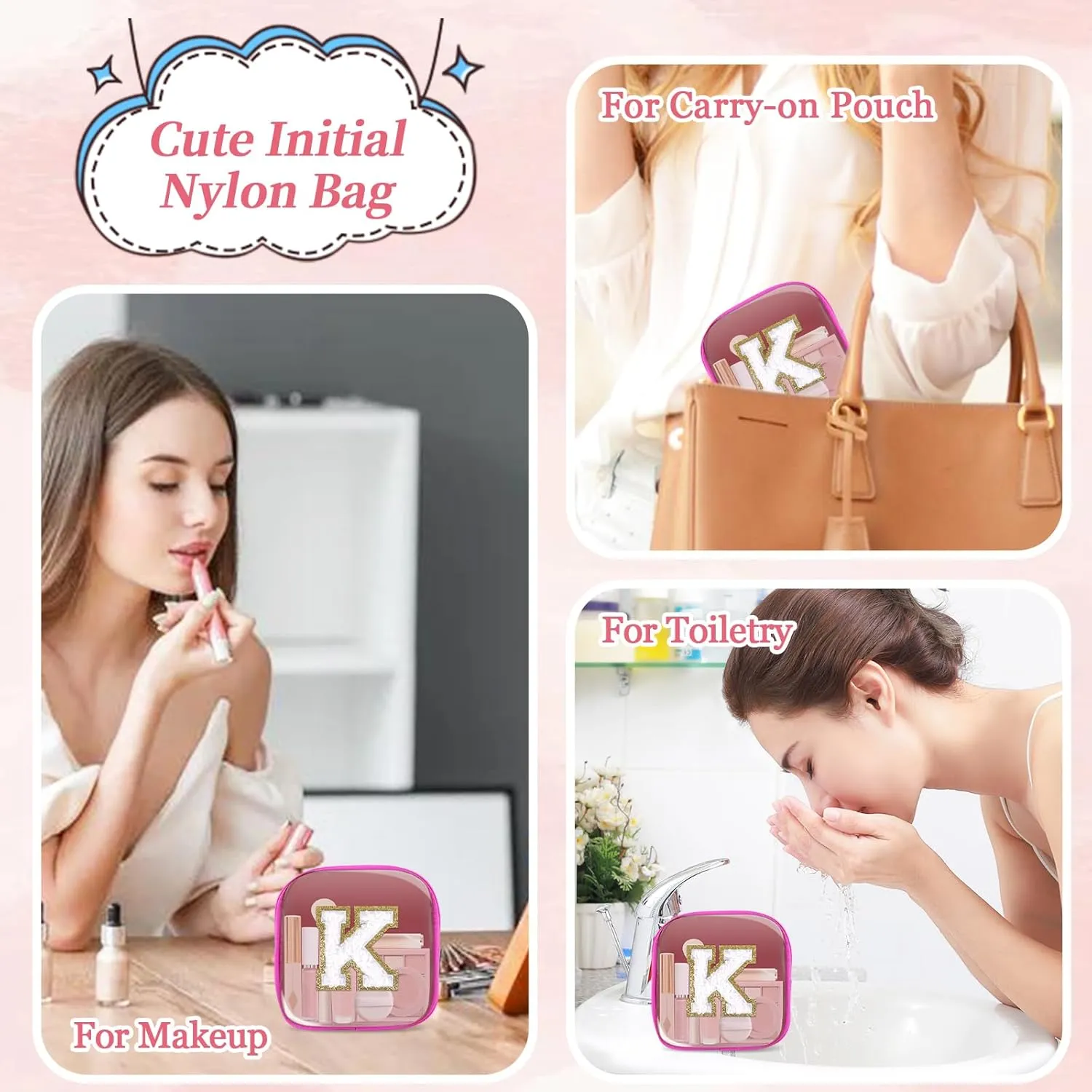 Mini Clear Personalized Initial Makeup Bag,Nylon Preppy A-Z Chenille Letter Patch Zipper Cosmetic Bag, Small Cute Beach Pouch Travel Purse Sanitary Napkin Storage Bag for Women Girls(Hot Pink-White K)