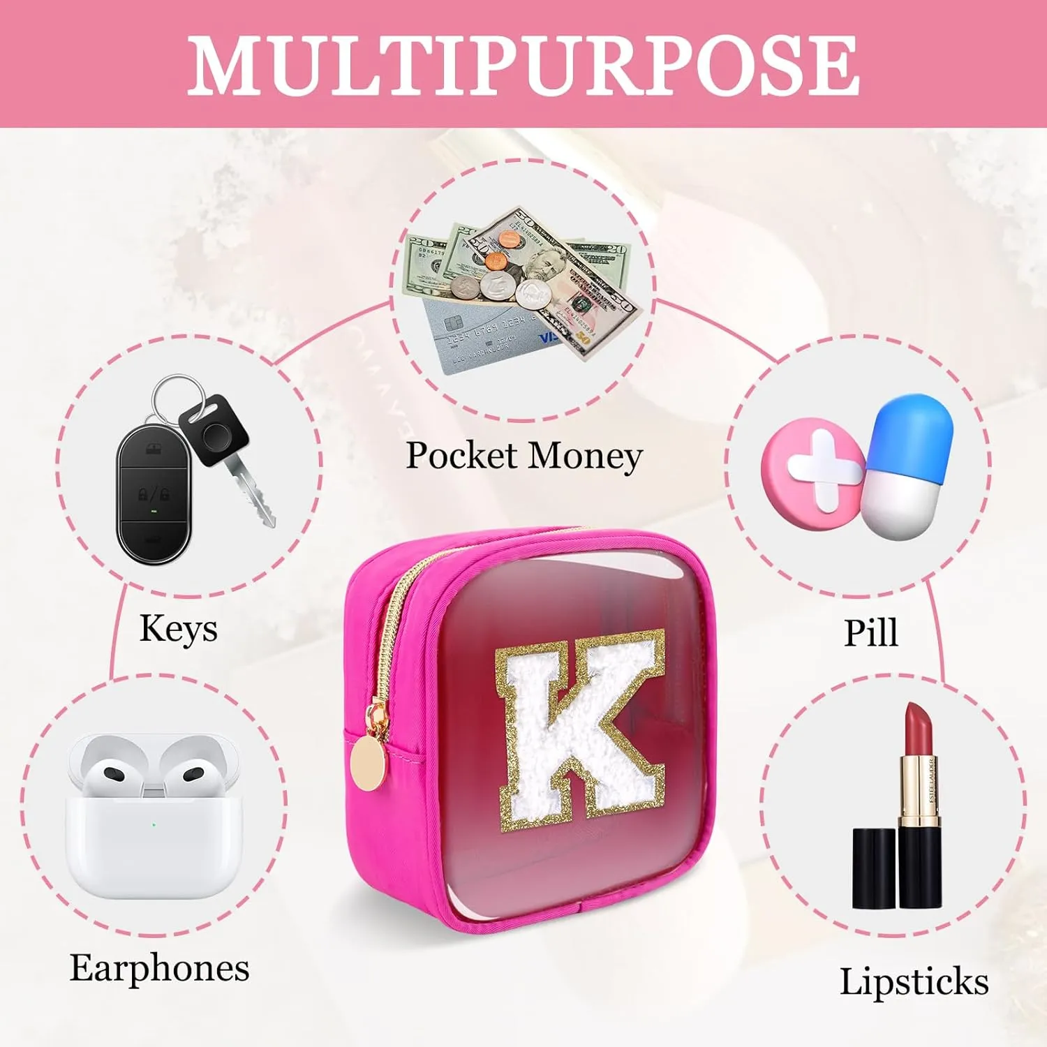 Mini Clear Personalized Initial Makeup Bag,Nylon Preppy A-Z Chenille Letter Patch Zipper Cosmetic Bag, Small Cute Beach Pouch Travel Purse Sanitary Napkin Storage Bag for Women Girls(Hot Pink-White K)