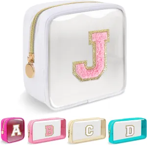 Mini Clear Personalized Initial Makeup Bag,Nylon Preppy A-Z Chenille Letter Patch Zipper Cosmetic Bag, Small Cute Beach Pouch Travel Purse Sanitary Napkin Storage Bag for Women Girls(White-Pink J)