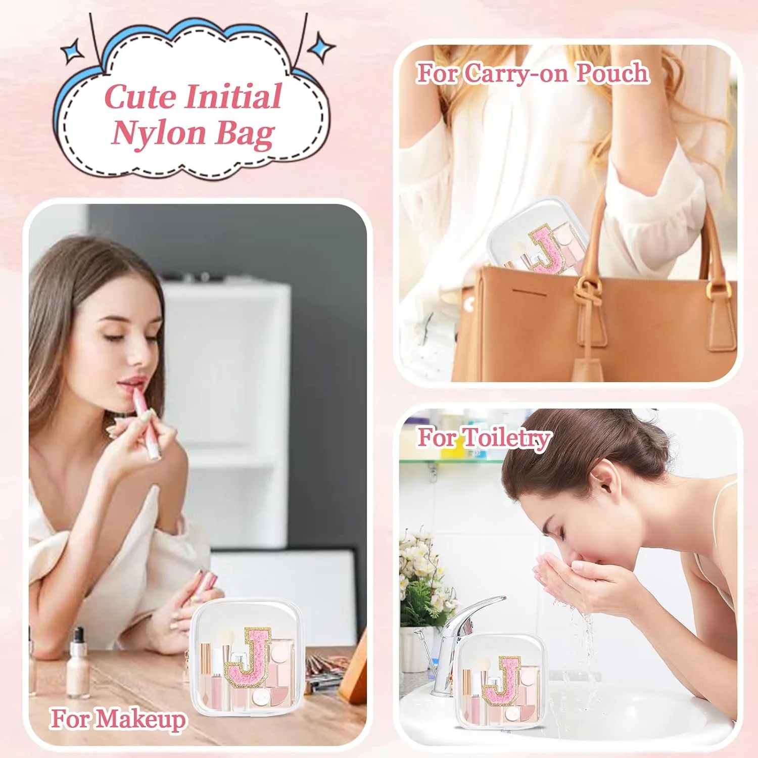 Mini Clear Personalized Initial Makeup Bag,Nylon Preppy A-Z Chenille Letter Patch Zipper Cosmetic Bag, Small Cute Beach Pouch Travel Purse Sanitary Napkin Storage Bag for Women Girls(White-Pink J)