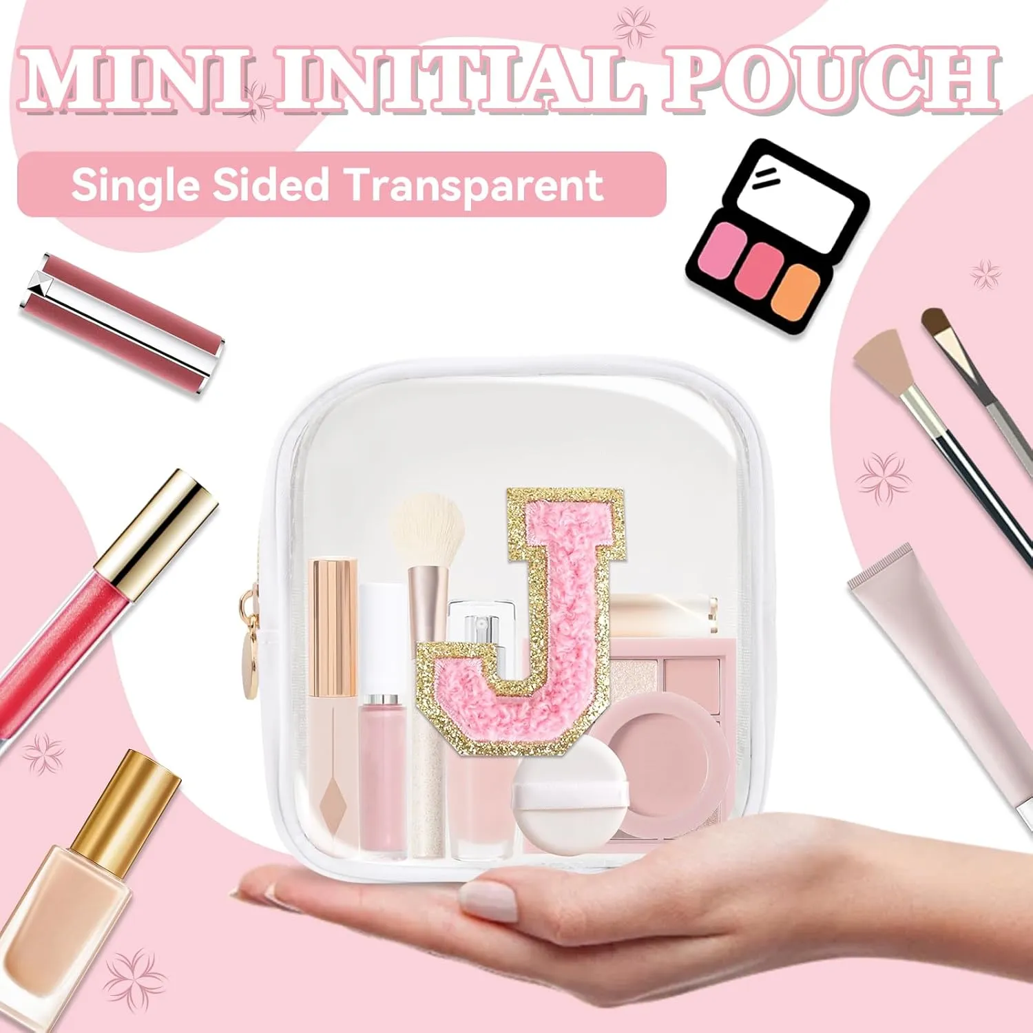Mini Clear Personalized Initial Makeup Bag,Nylon Preppy A-Z Chenille Letter Patch Zipper Cosmetic Bag, Small Cute Beach Pouch Travel Purse Sanitary Napkin Storage Bag for Women Girls(White-Pink J)
