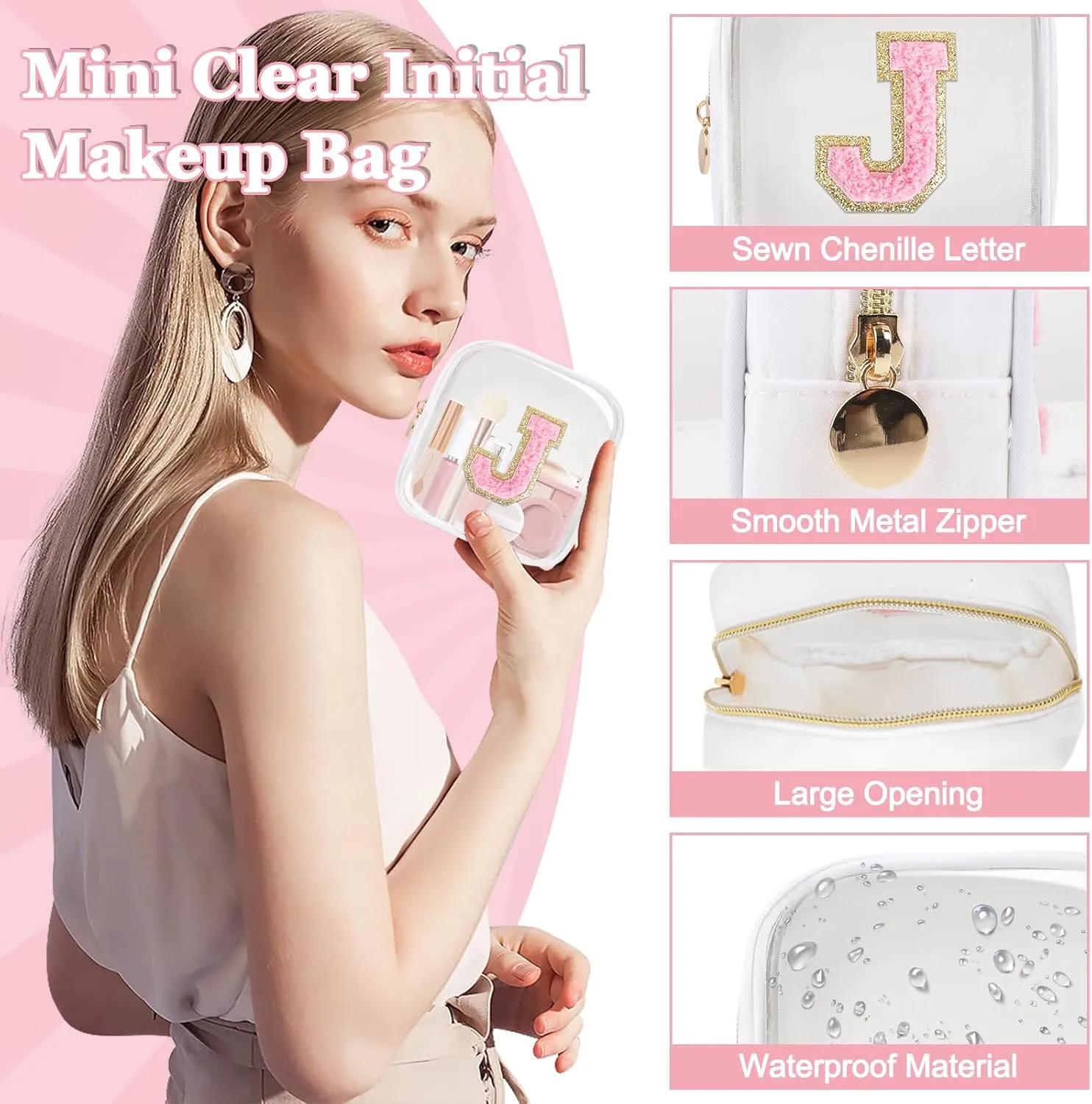 Mini Clear Personalized Initial Makeup Bag,Nylon Preppy A-Z Chenille Letter Patch Zipper Cosmetic Bag, Small Cute Beach Pouch Travel Purse Sanitary Napkin Storage Bag for Women Girls(White-Pink J)