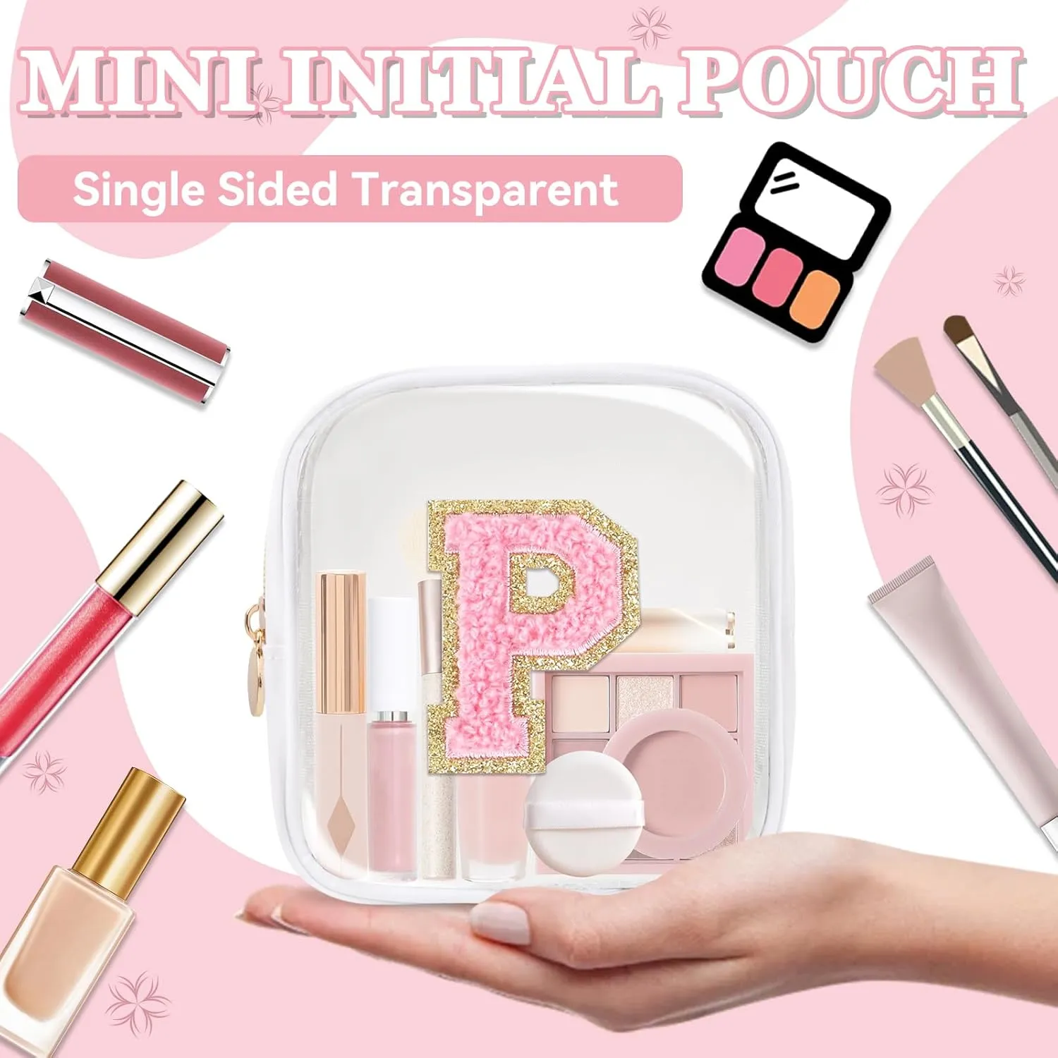 Mini Clear Personalized Initial Makeup Bag,Small Nylon Waterproof Zip Beach Cosmetic Pouch,Preppy A-Z Chenille Letter Patch Cute Coin Purse Travel Toiletry Bag Car Pack Bag for Women(White-Pink P)