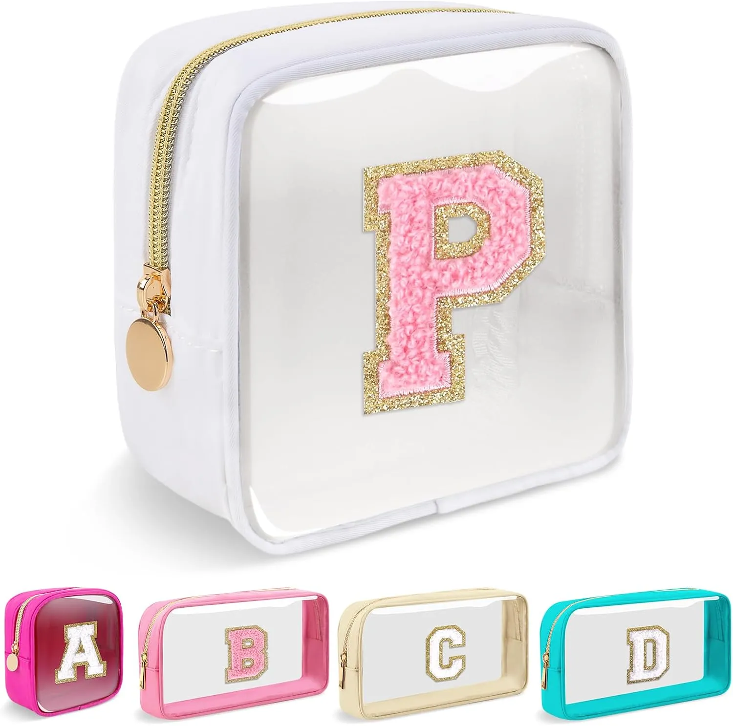 Mini Clear Personalized Initial Makeup Bag,Small Nylon Waterproof Zip Beach Cosmetic Pouch,Preppy A-Z Chenille Letter Patch Cute Coin Purse Travel Toiletry Bag Car Pack Bag for Women(White-Pink P)