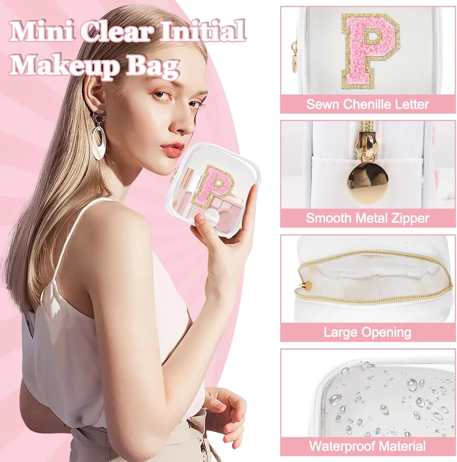Mini Clear Personalized Initial Makeup Bag,Small Nylon Waterproof Zip Beach Cosmetic Pouch,Preppy A-Z Chenille Letter Patch Cute Coin Purse Travel Toiletry Bag Car Pack Bag for Women(White-Pink P)