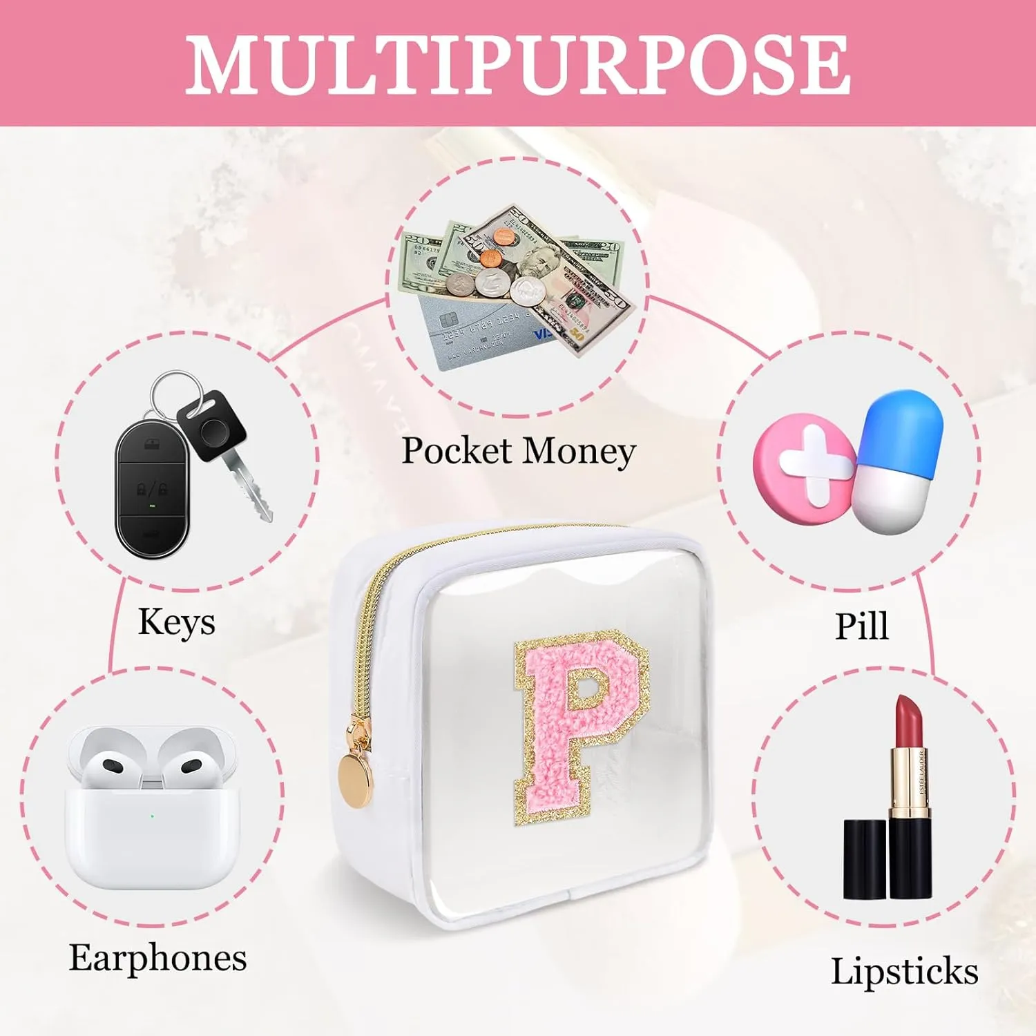 Mini Clear Personalized Initial Makeup Bag,Small Nylon Waterproof Zip Beach Cosmetic Pouch,Preppy A-Z Chenille Letter Patch Cute Coin Purse Travel Toiletry Bag Car Pack Bag for Women(White-Pink P)