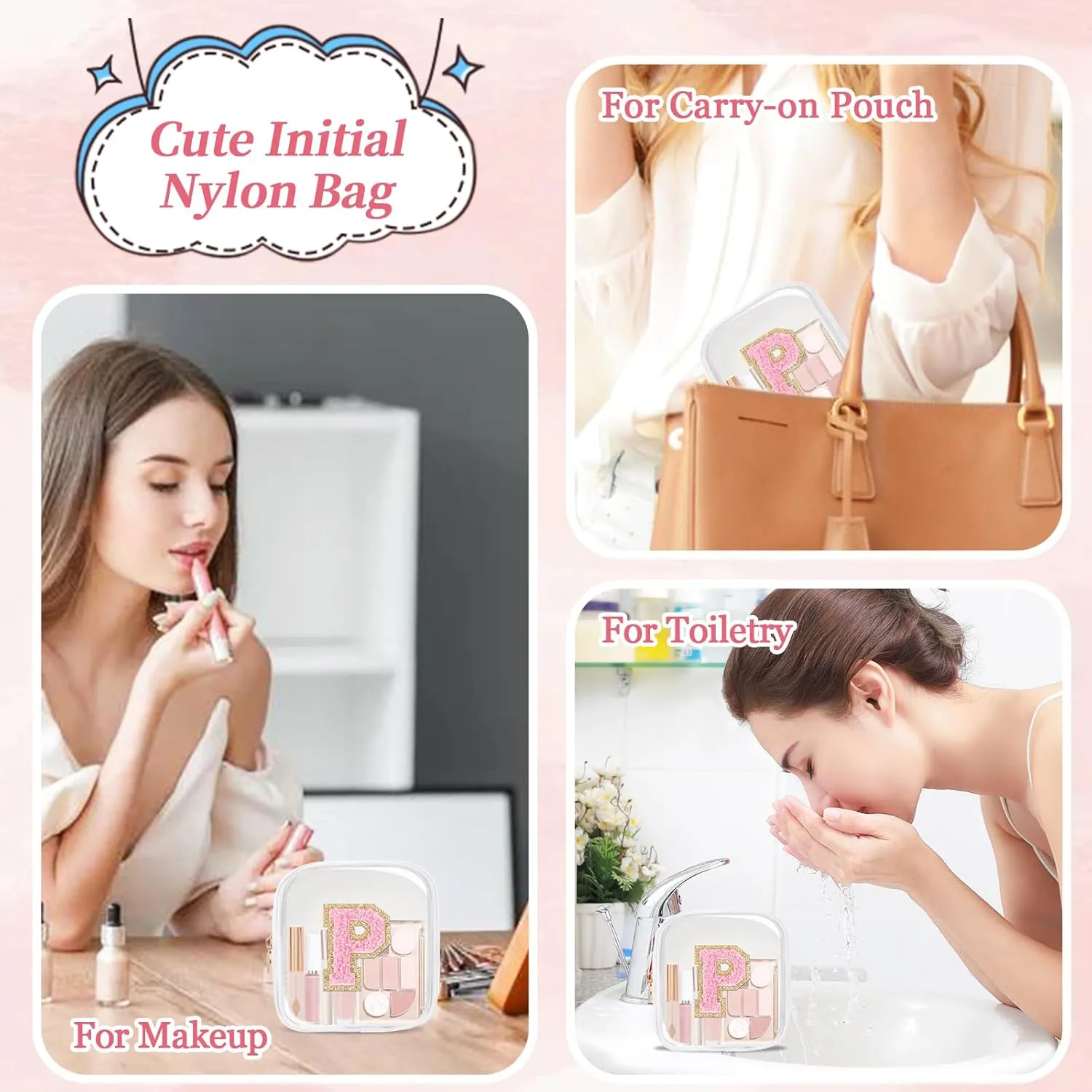 Mini Clear Personalized Initial Makeup Bag,Small Nylon Waterproof Zip Beach Cosmetic Pouch,Preppy A-Z Chenille Letter Patch Cute Coin Purse Travel Toiletry Bag Car Pack Bag for Women(White-Pink P)