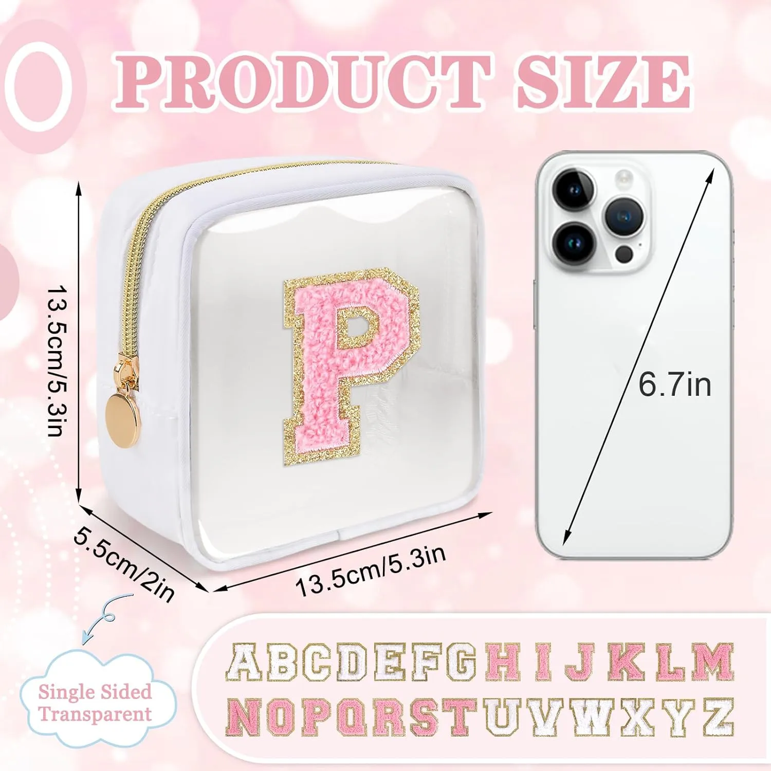 Mini Clear Personalized Initial Makeup Bag,Small Nylon Waterproof Zip Beach Cosmetic Pouch,Preppy A-Z Chenille Letter Patch Cute Coin Purse Travel Toiletry Bag Car Pack Bag for Women(White-Pink P)