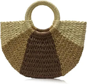 Mini Semi-circle Rattan Straw Bag, Cute Boho Straw Hand-woven Top-handle Handbag Tote Clutch Bags Retro Summer Beach Travel Vacation Bag（Beige, Khaki,Brown）