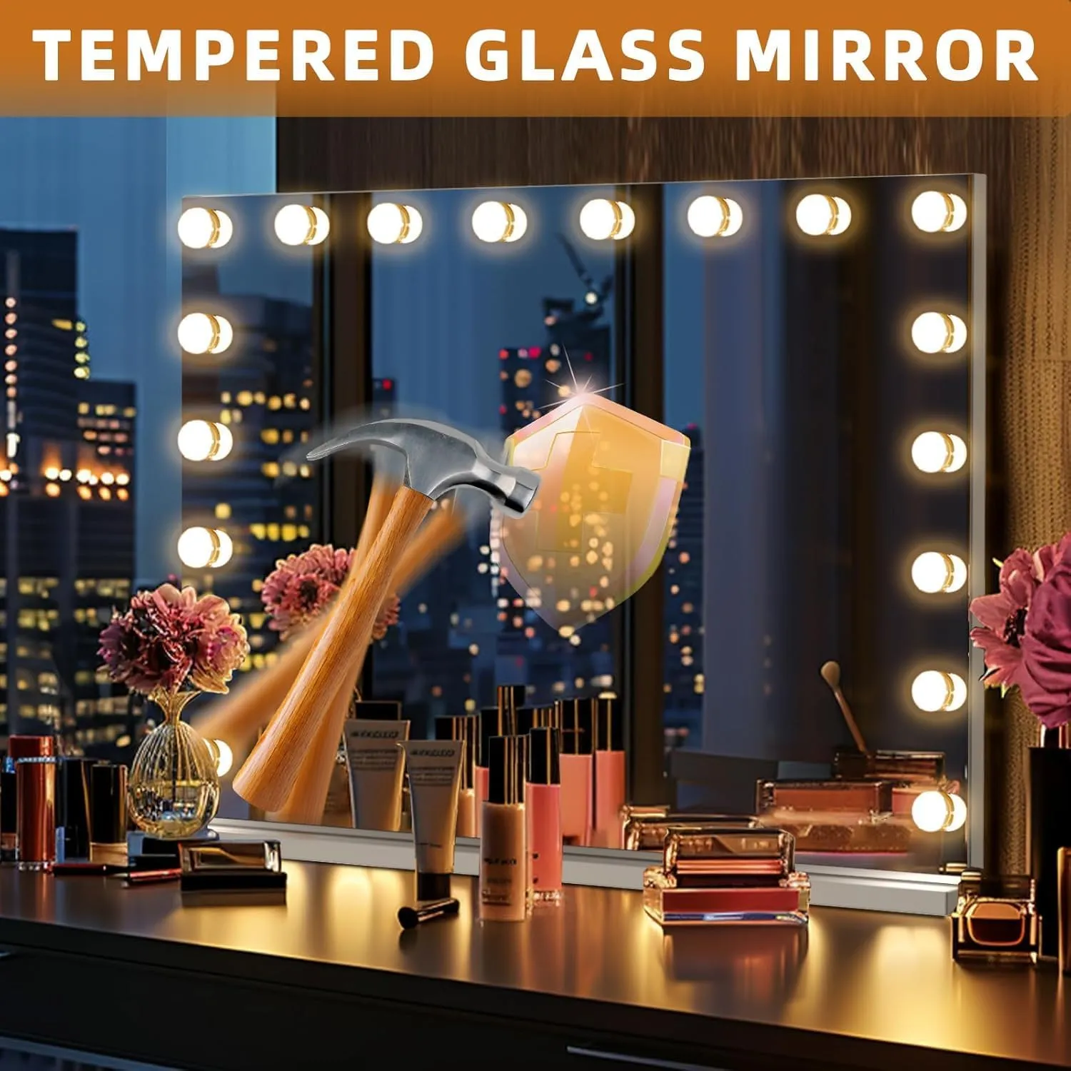 Misavanity Large Vanity Mirror with Lights Tempered Glass 31.4’’ x 23.4’’ Hollywood Lighted Makeup Mirror with 18 Dimmable Bulbs USB Charging Port 10X Magnification 3 Lighting Modes, White