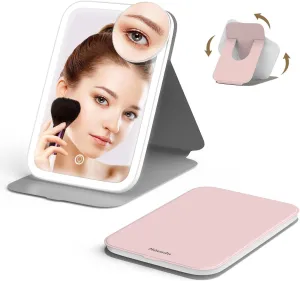 Mocado Travel Makeup Mirro with Lights, 360° Rotation Lighted Makeup Mirror, Portable Mirror with 10x Magnification, 60LEDs 3 Color Lightings, Dimmable Touch Screen, Tabletop Light up Mirror(Pink)