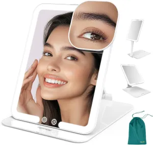 Mocado Travel Makeup Mirror with Light - Tripple Folding Travel Mirror with Light, 3 Colors Lighted Makeup Mirror, Portable Vanity Mirror with Light, Freely Adjust Height and Angle(White)