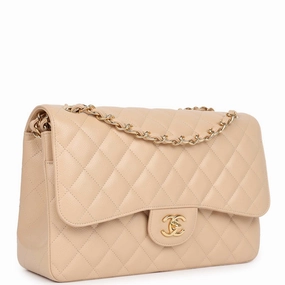 New Chanel Jumbo Classic Double Flap Bag Light Beige Caviar Gold Hardware