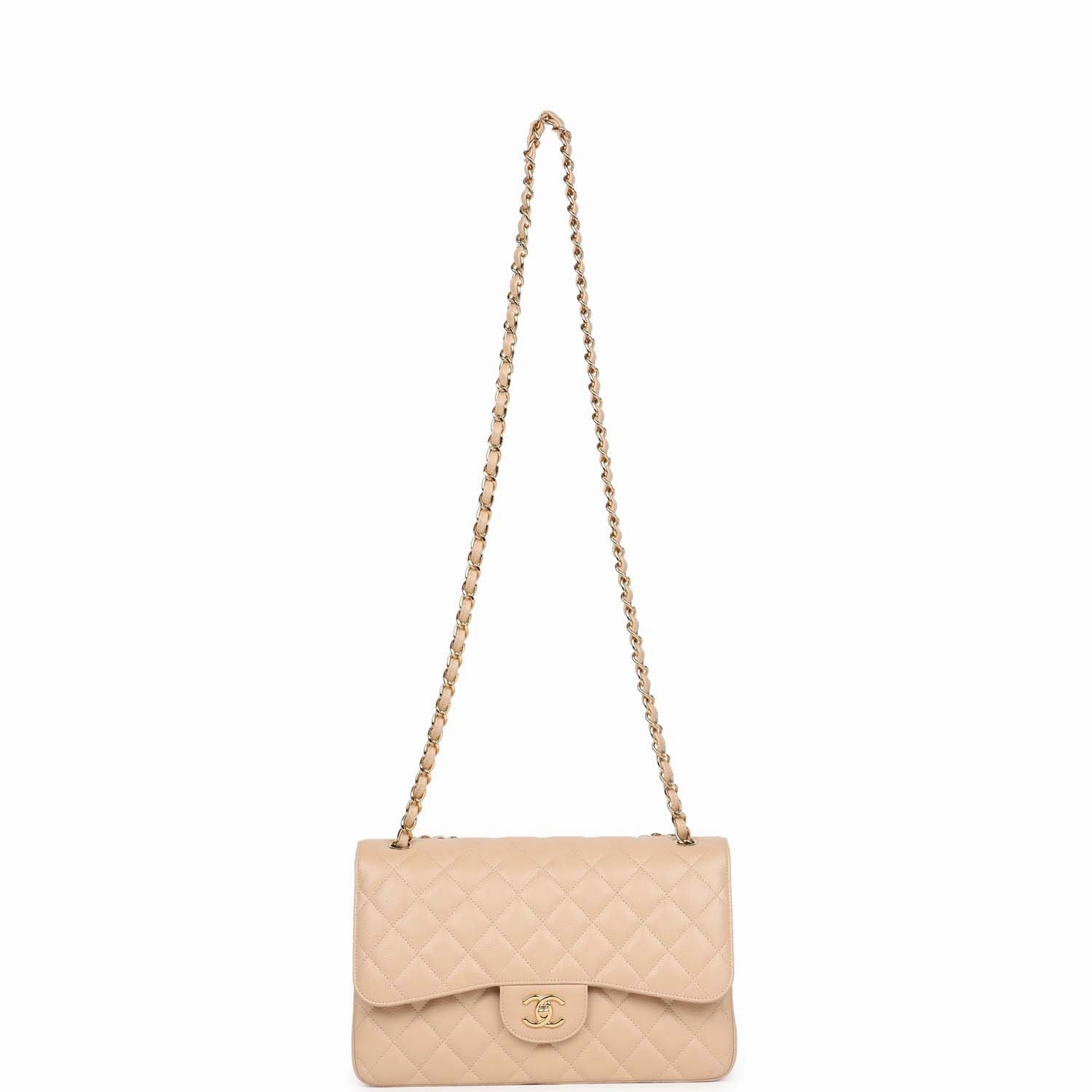 New Chanel Jumbo Classic Double Flap Bag Light Beige Caviar Gold Hardware