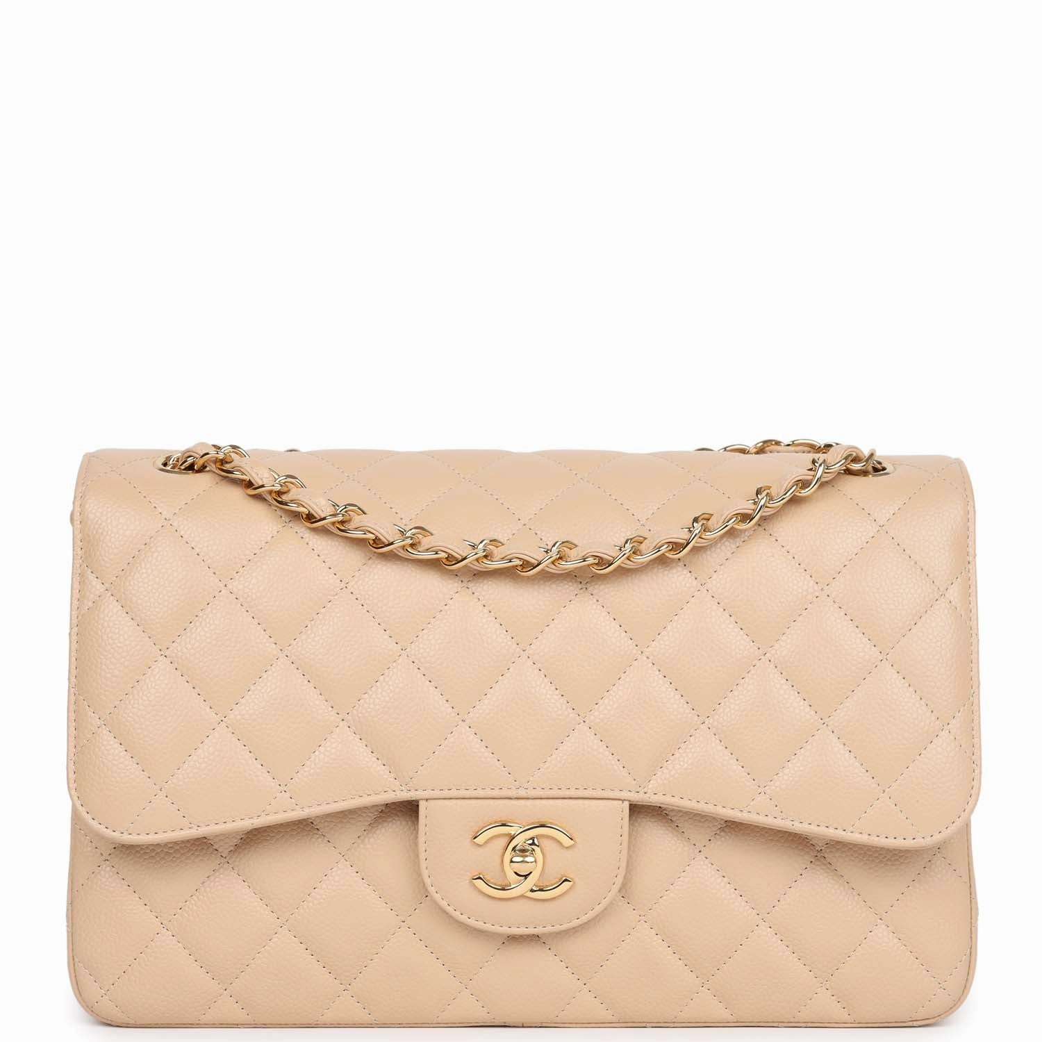 New Chanel Jumbo Classic Double Flap Bag Light Beige Caviar Gold Hardware