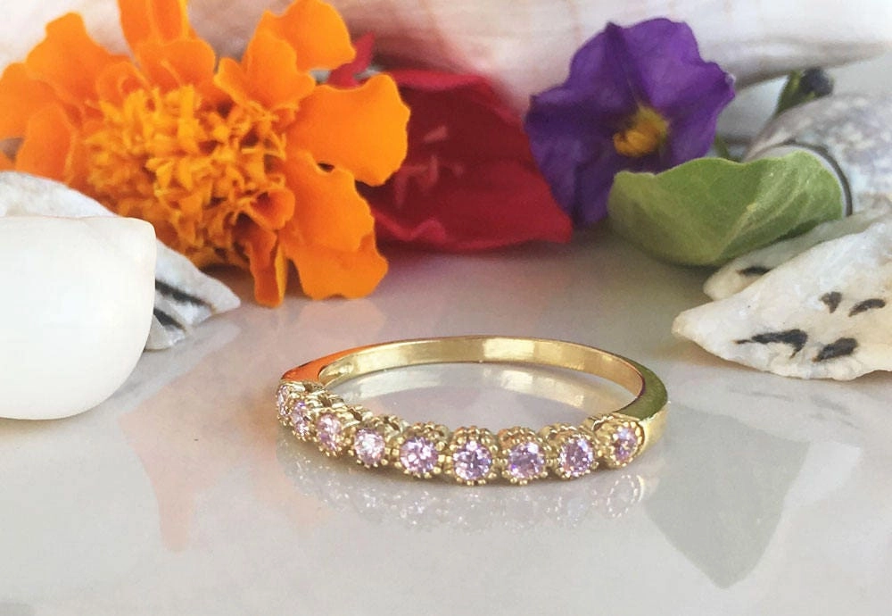 October Birthstone Rose Quartz Nine Stone Stacking Half Eternity Bezel Ring