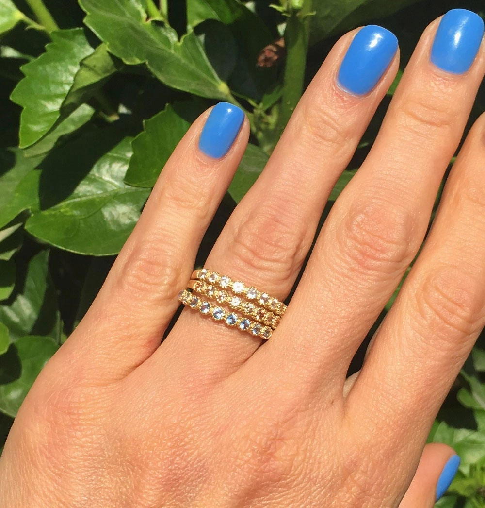 October Birthstone Rose Quartz Nine Stone Stacking Half Eternity Bezel Ring