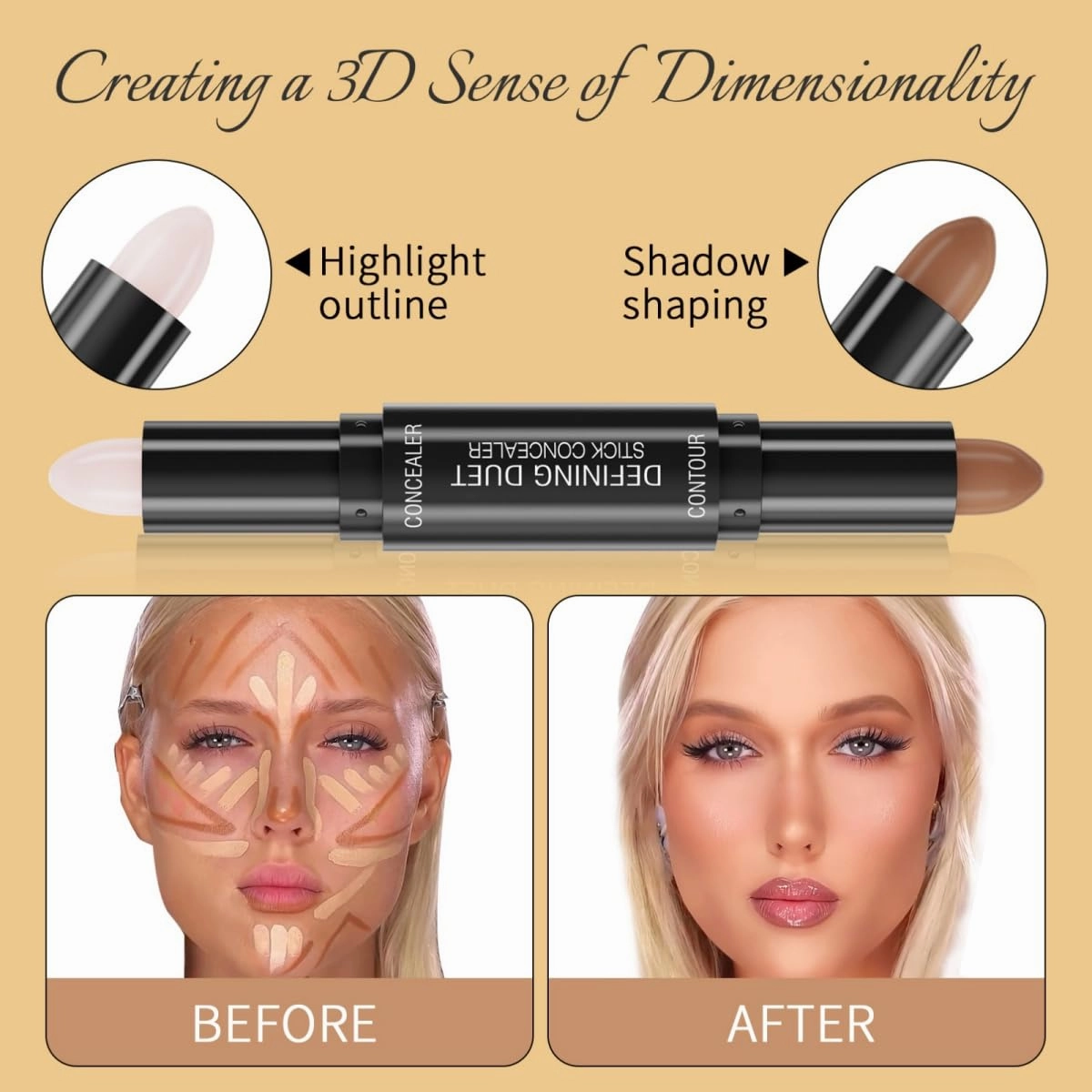 Ofanyia 2 IN 1 Contour Stick Makeup, Dual-Ended Cream Highlighter & Contour Bronzer Stick, Long Lasting Waterproof Cream Bronzer & Highlighter Stick (3 Colors)