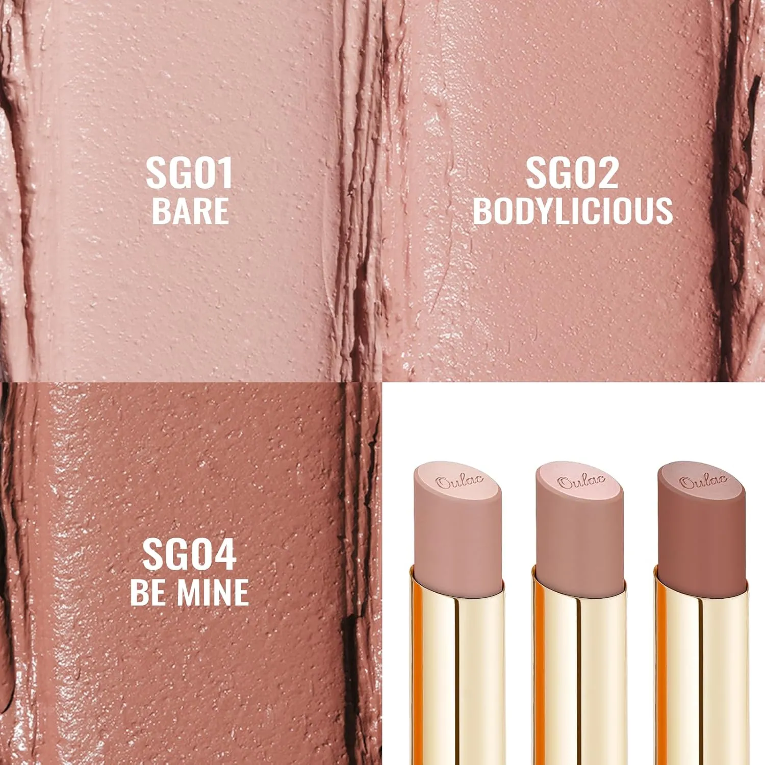 Oulac Nude Hydrating Lipstick Set For Women High Impact Lipcolor Tinted Lip Balm, Nourishing, Satin Finish, Moisturizing Creamy Formula, Vegan Clean Beauty Sensual Glow Rich Crème 01 02 04(SET 1)