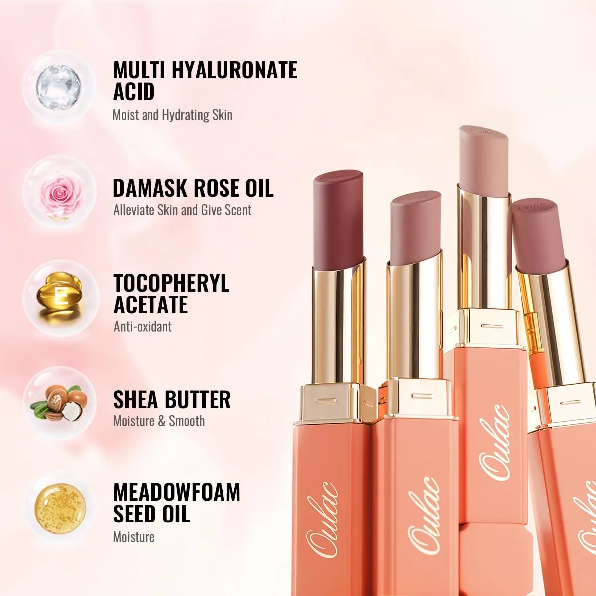 Oulac Nude Hydrating Lipstick Set For Women High Impact Lipcolor Tinted Lip Balm, Nourishing, Satin Finish, Moisturizing Creamy Formula, Vegan Clean Beauty Sensual Glow Rich Crème 01 02 04(SET 1)