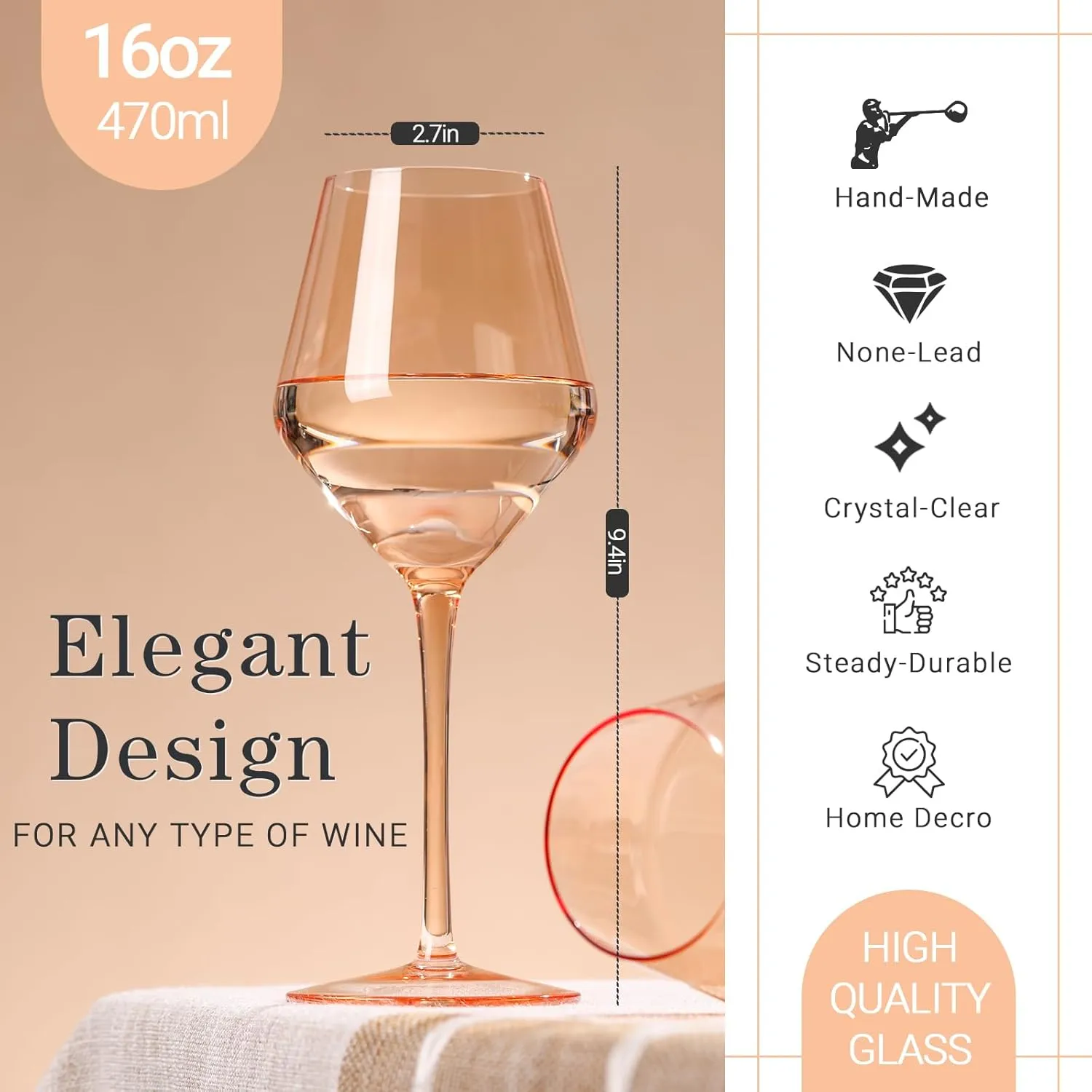 Peach Color Wine Glasses Set 6-16oz Blush Pink Wine Glass with Stem-Hand Made Light Peach Wine Glass-Unique Pastel Pink Wine Glasses for Women Party