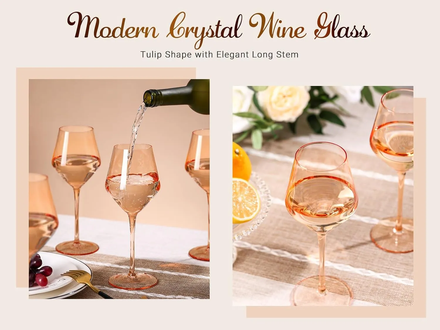 Peach Color Wine Glasses Set 6-16oz Blush Pink Wine Glass with Stem-Hand Made Light Peach Wine Glass-Unique Pastel Pink Wine Glasses for Women Party