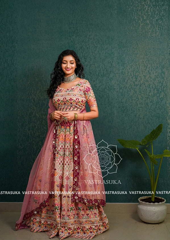 Peach blush phulkari lehenga