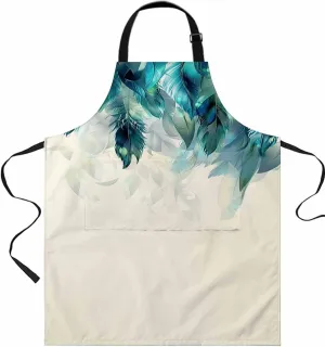 Peacock Feathers Waterproof Apron With Pockets, Teal Turquoise Blue Ombre Animal Kitchen Chefs Bib Cooking BBQ Grill Bake Adjustable Aprons for Women/Kids Home Garden Grooming Painting Gardening