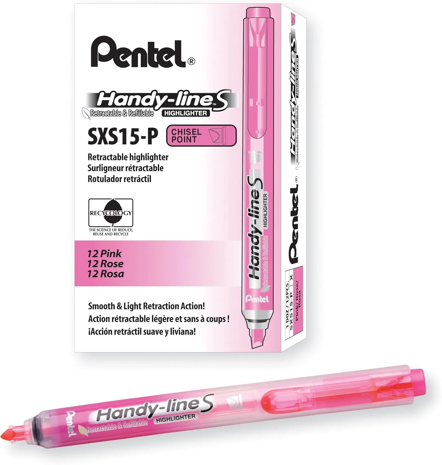 Pentel Handy-Line S Retractable and Refillable Chisel Tip Highlighter, Pink Ink, Box of 12 (SXS15-P)